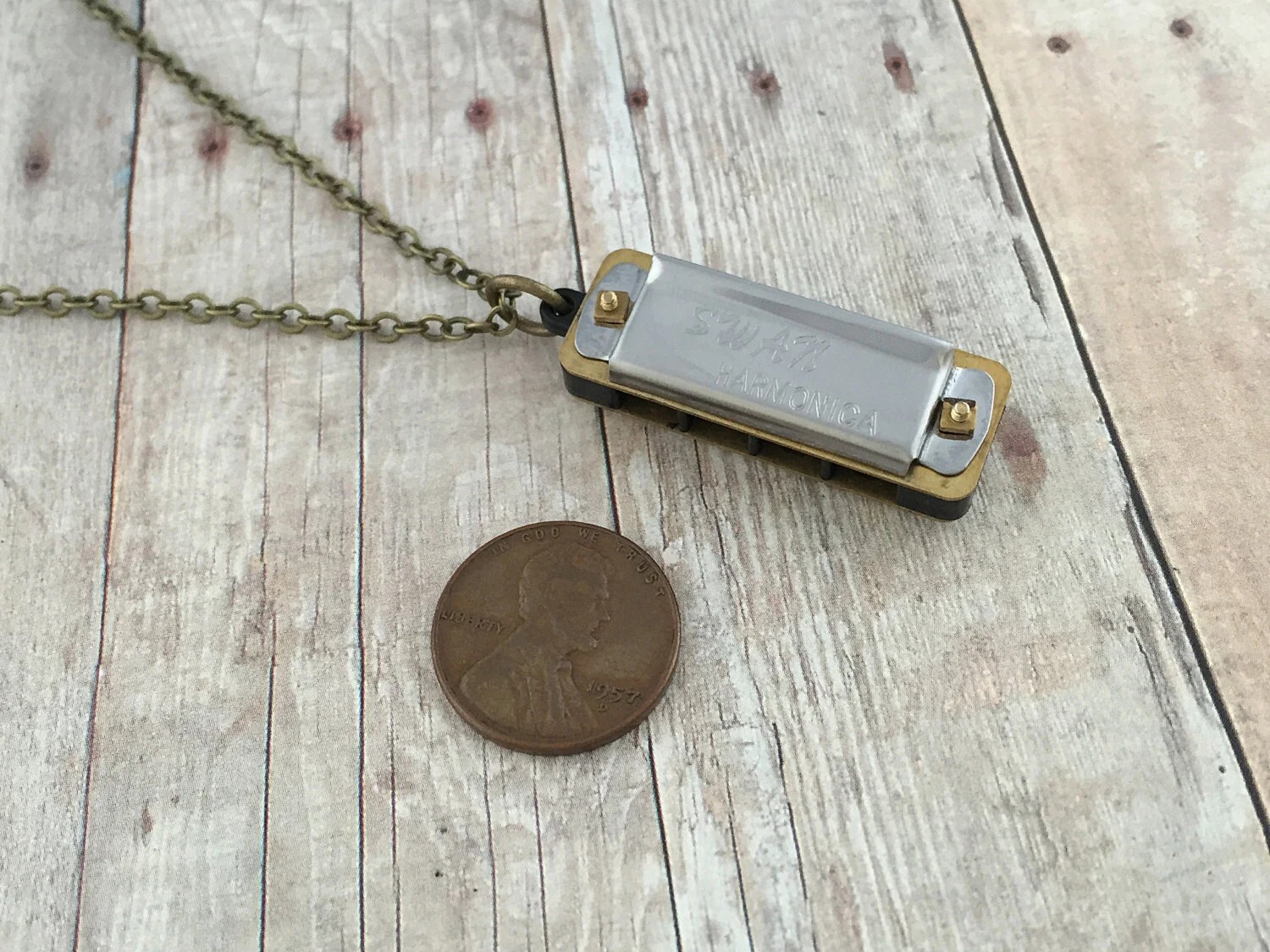 Miniature Vintage Style Harmonica Pendant on Necklace Chain WORKING Music Charm