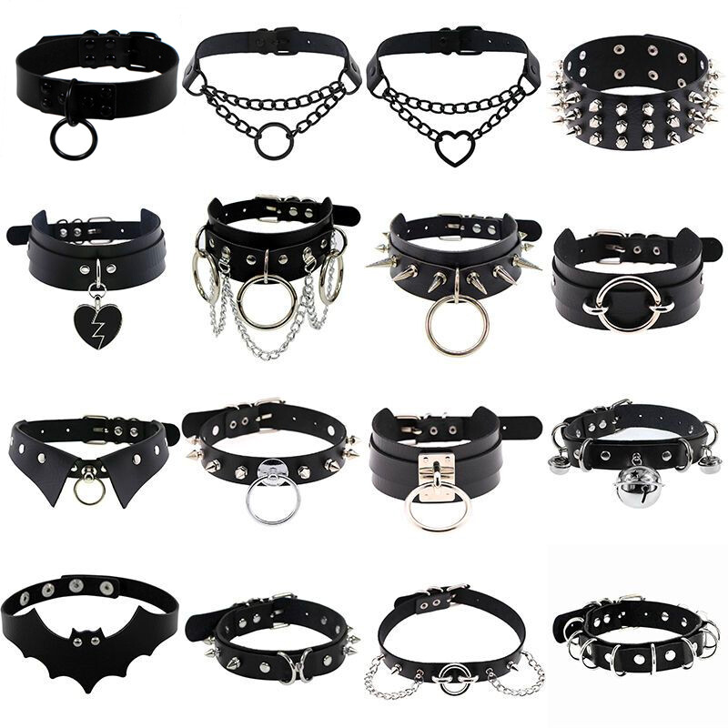 Gothic Punk Black PU Leather Spiked Rivet O-Ring Collar Stud Choker Necklace
