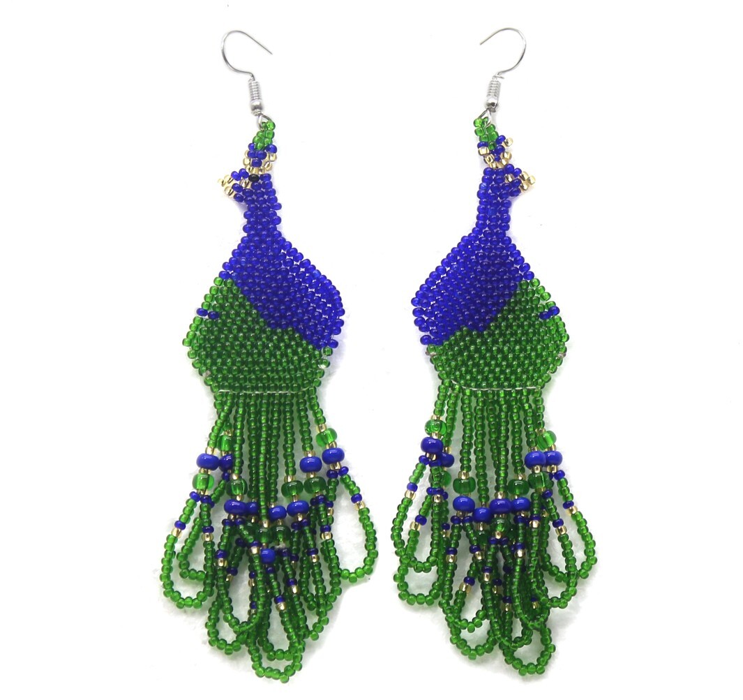 NATIVE STYLE ETHNIC BLUE GREEN PEACOCK BEADED HANDMADE HOOK EARRINGS E4/1