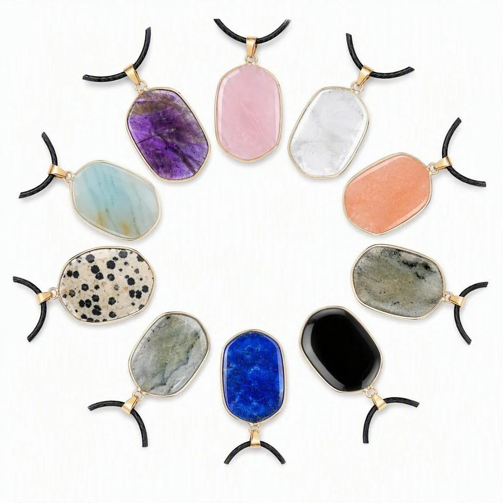 6PCS Healing Chakra Gemstone Pendant Necklace Black Cord Gold Charms Choker
