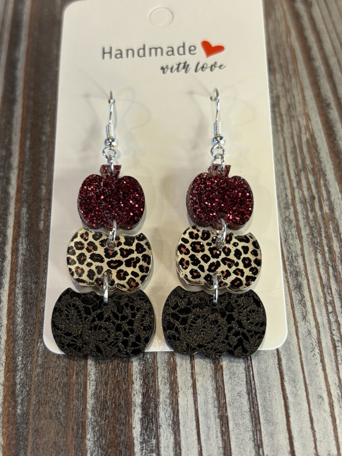 Handmade Fall Leopard And Lace Print Stacked Pumpkin Acrylic Earrings