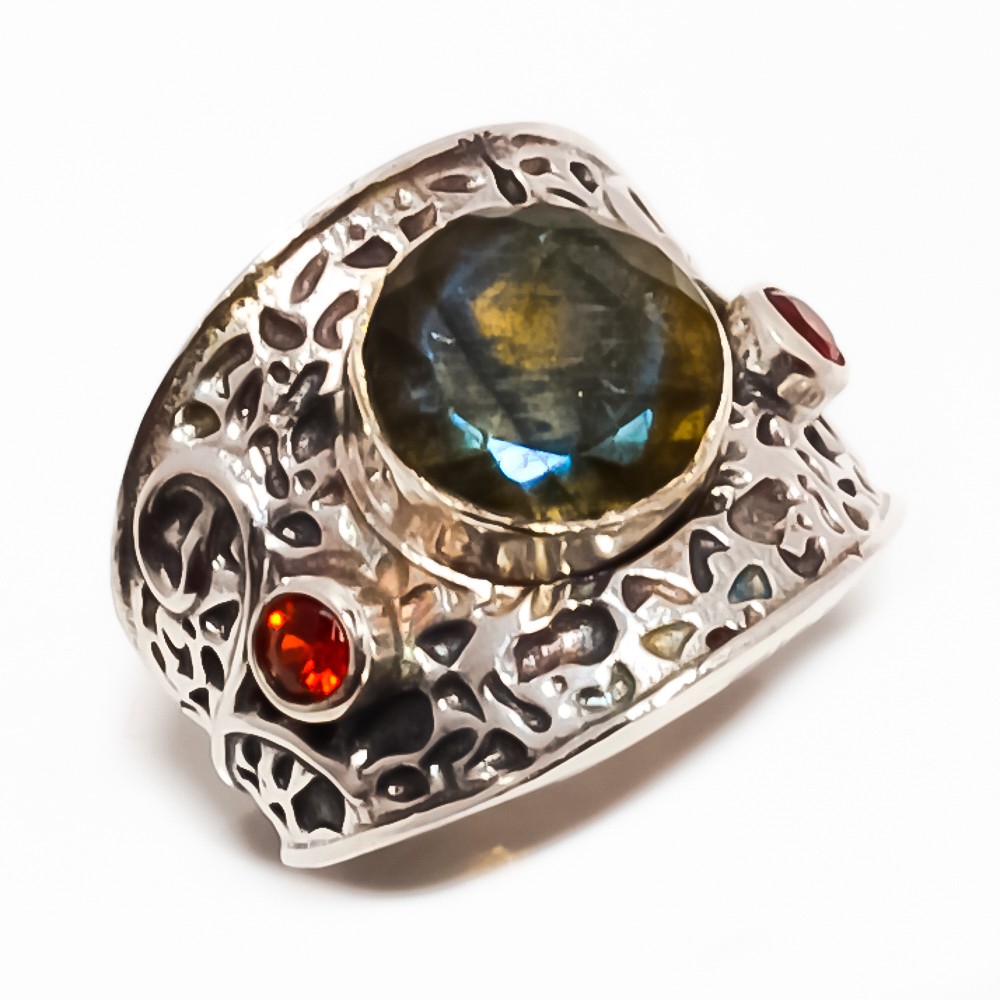 Labradorite – Canada & Garnet Handmade Silver Plated Jewelry Ring s.6.5 T44