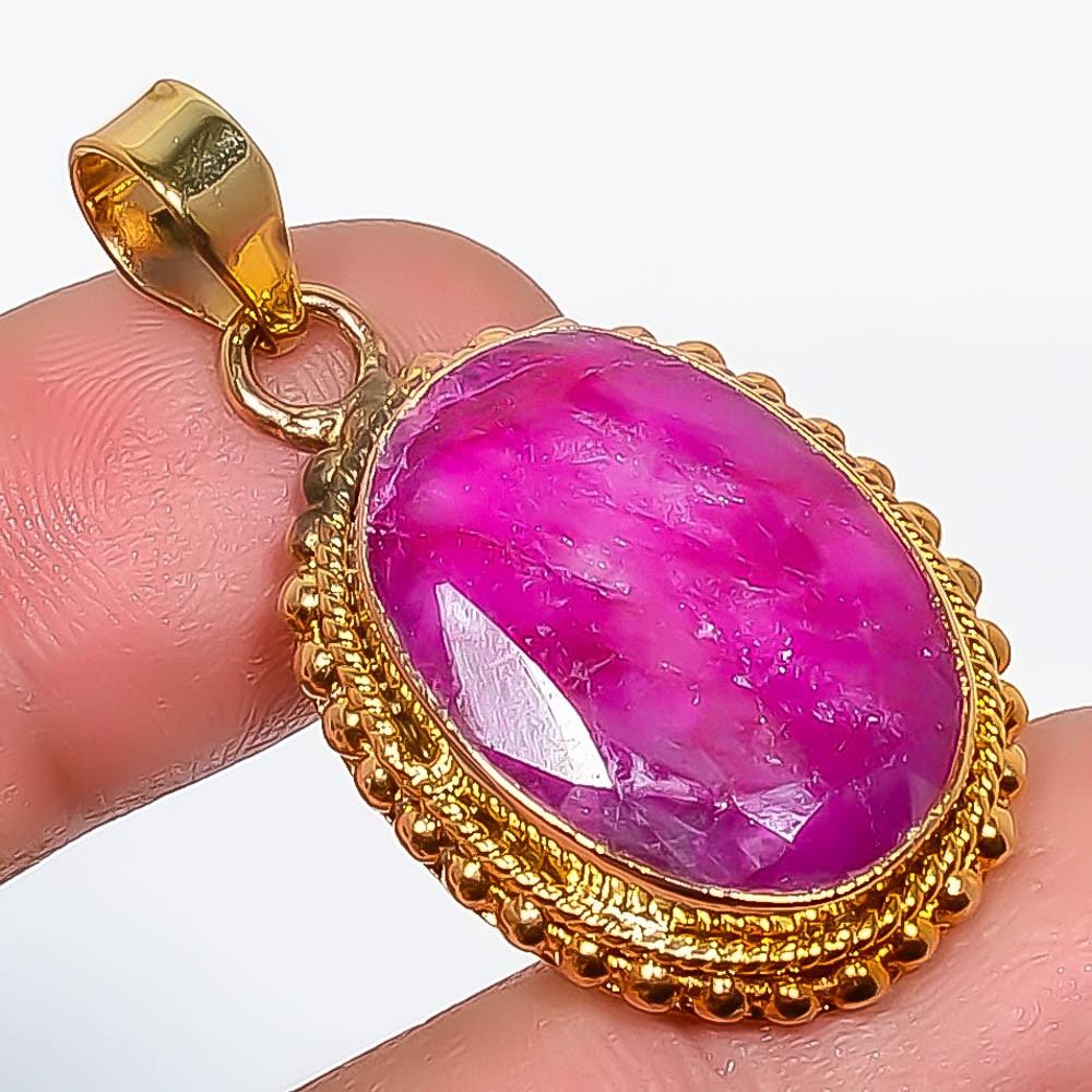 Ruby (Simulated) Gemstone 925 Silver Gold Plated Pendant 1.56″ P7622-317