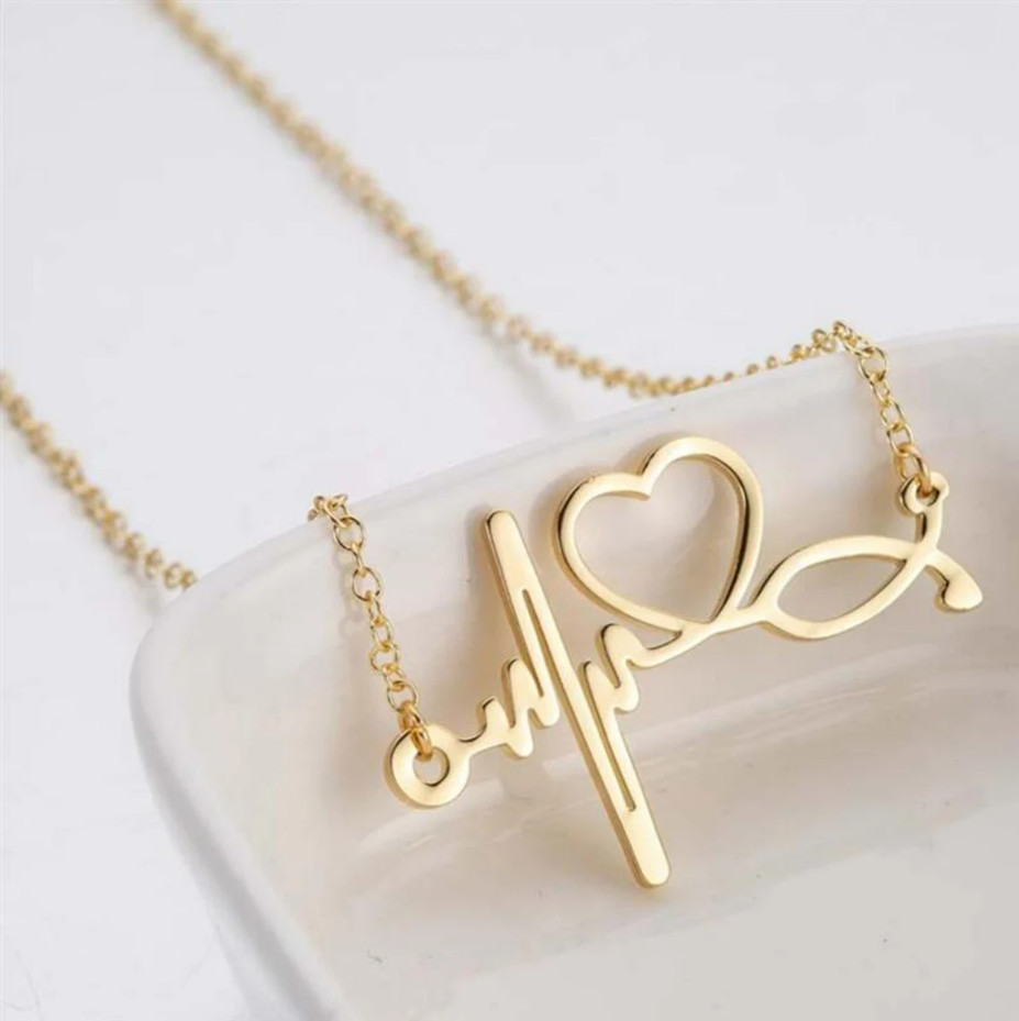 Gold Heartbeat, Heart Necklace Electrocardiogram EKG Beat, Nurse, Doctor Love