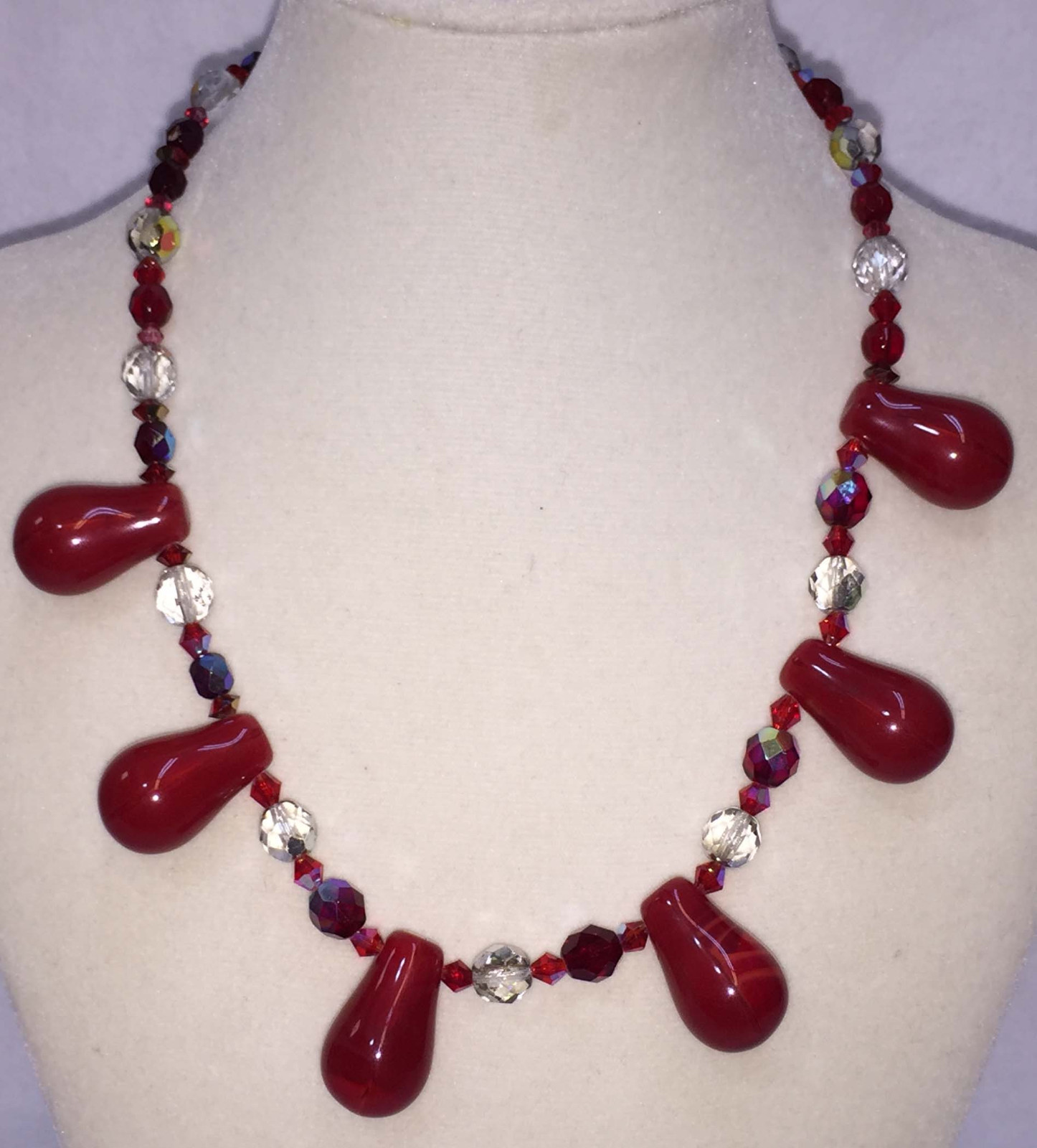 Collar Strand Necklace Red Clear & Aurora Borealis Glass Beads 17″ Long String