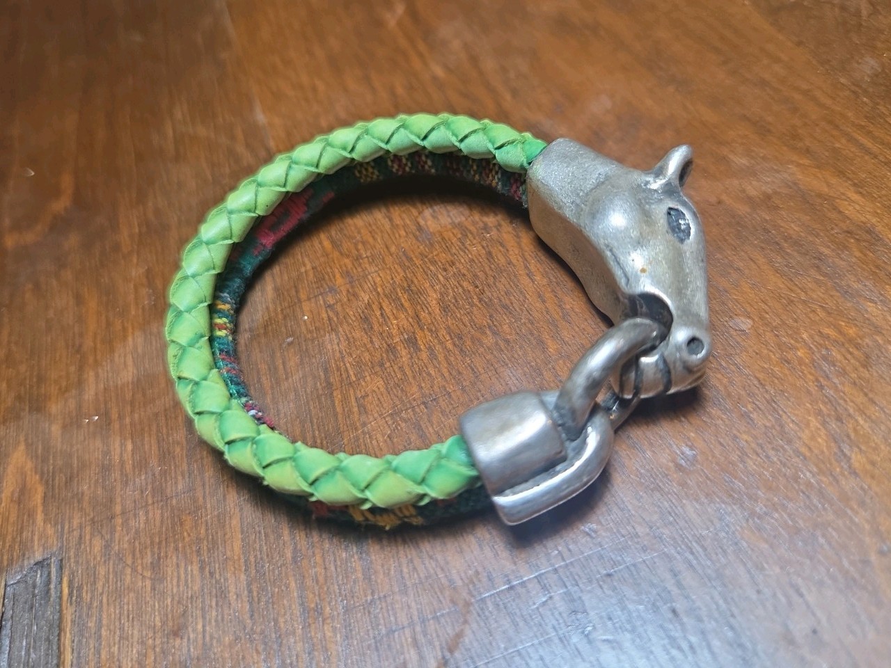 Braided Leather Horse Braclett Silver Plated Zamak Clasp Ethnic Fabric Cord