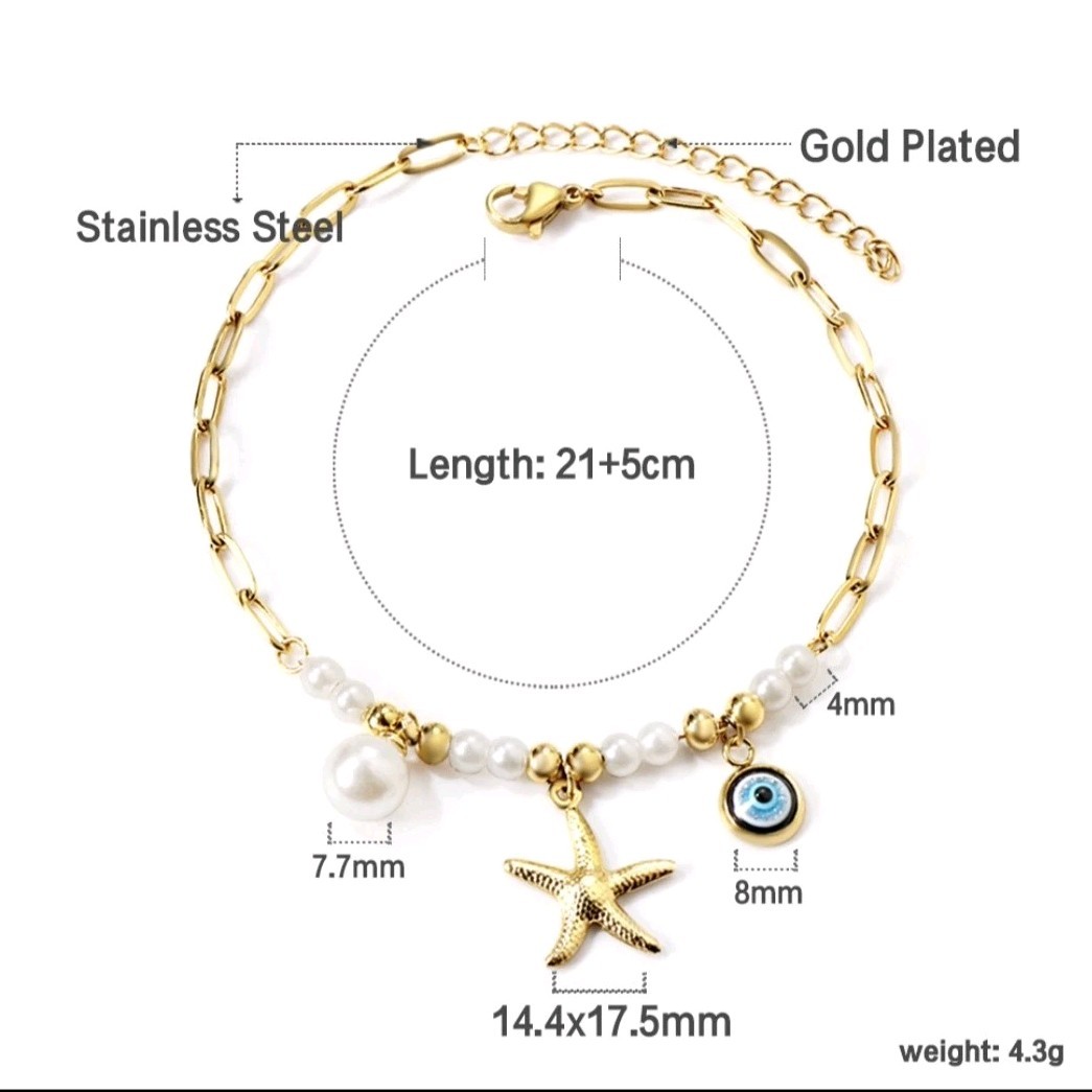 Gold Plated Stainless Steel Pearl Beaded Anklet Starfish Evil Eye 21+5cm