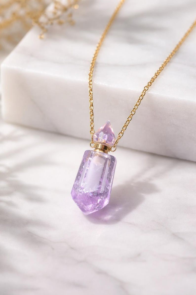 Lavender Amethyst Crystal Perfume Bottle Necklace, Aromatherapy Jewelry