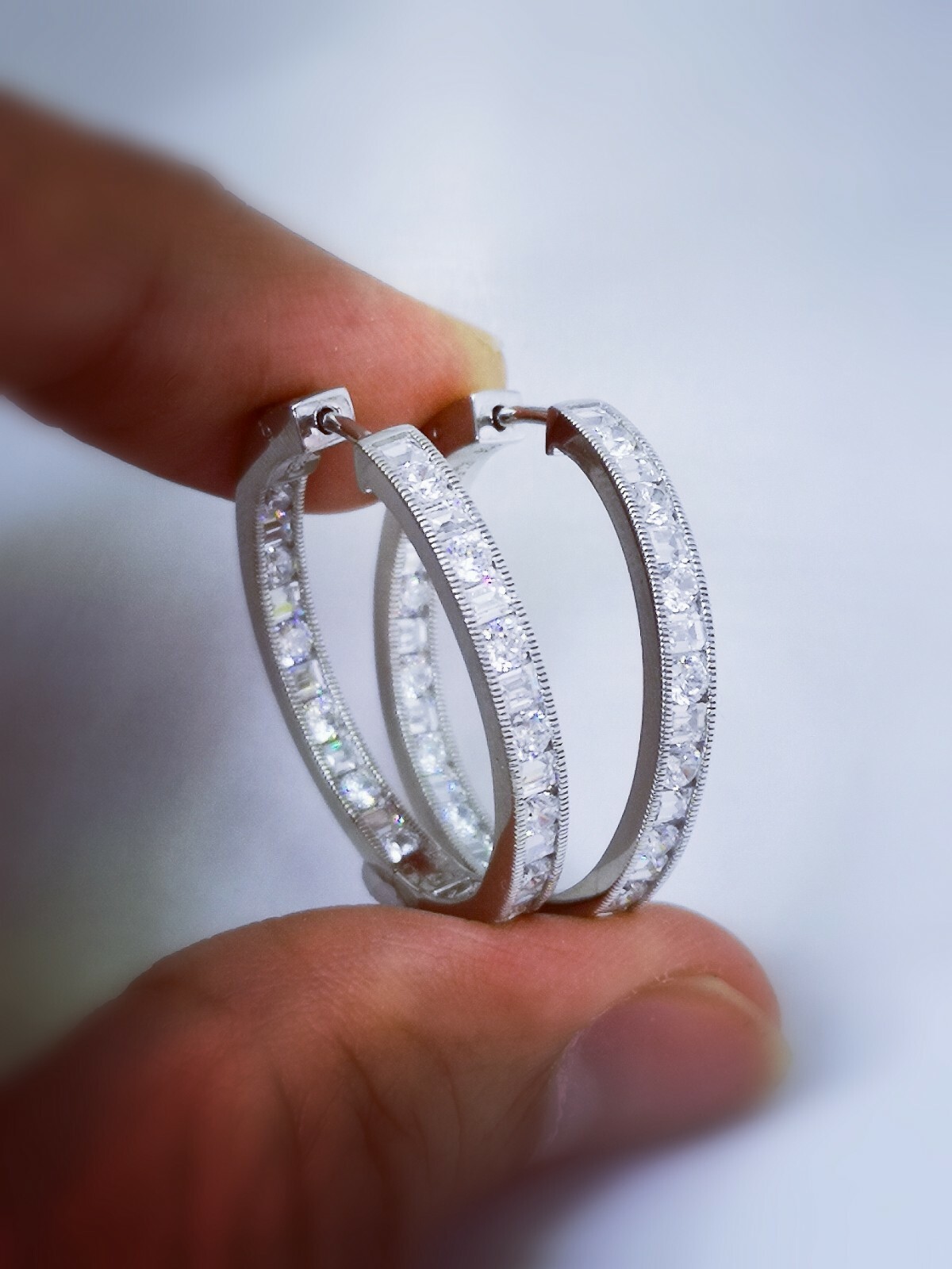 3 Ct Hoop Earrings Simulated Diamond 14K White Gold plated Silver Secure Lock