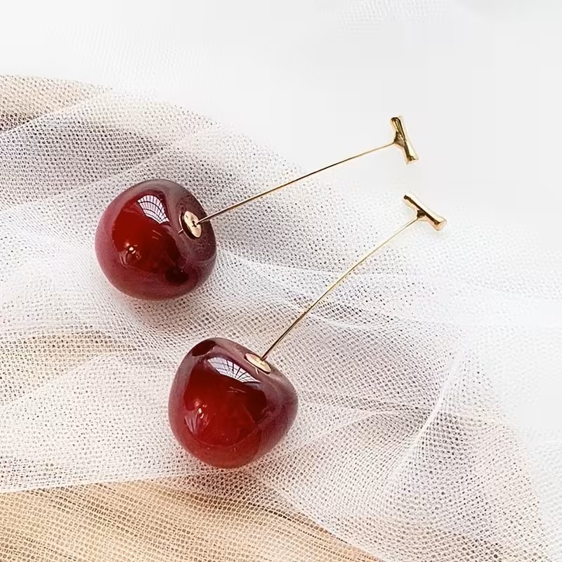 Sweet Red Cherry Dangle Earrings Cute Fruit Drop Statement Fashion Jewelry