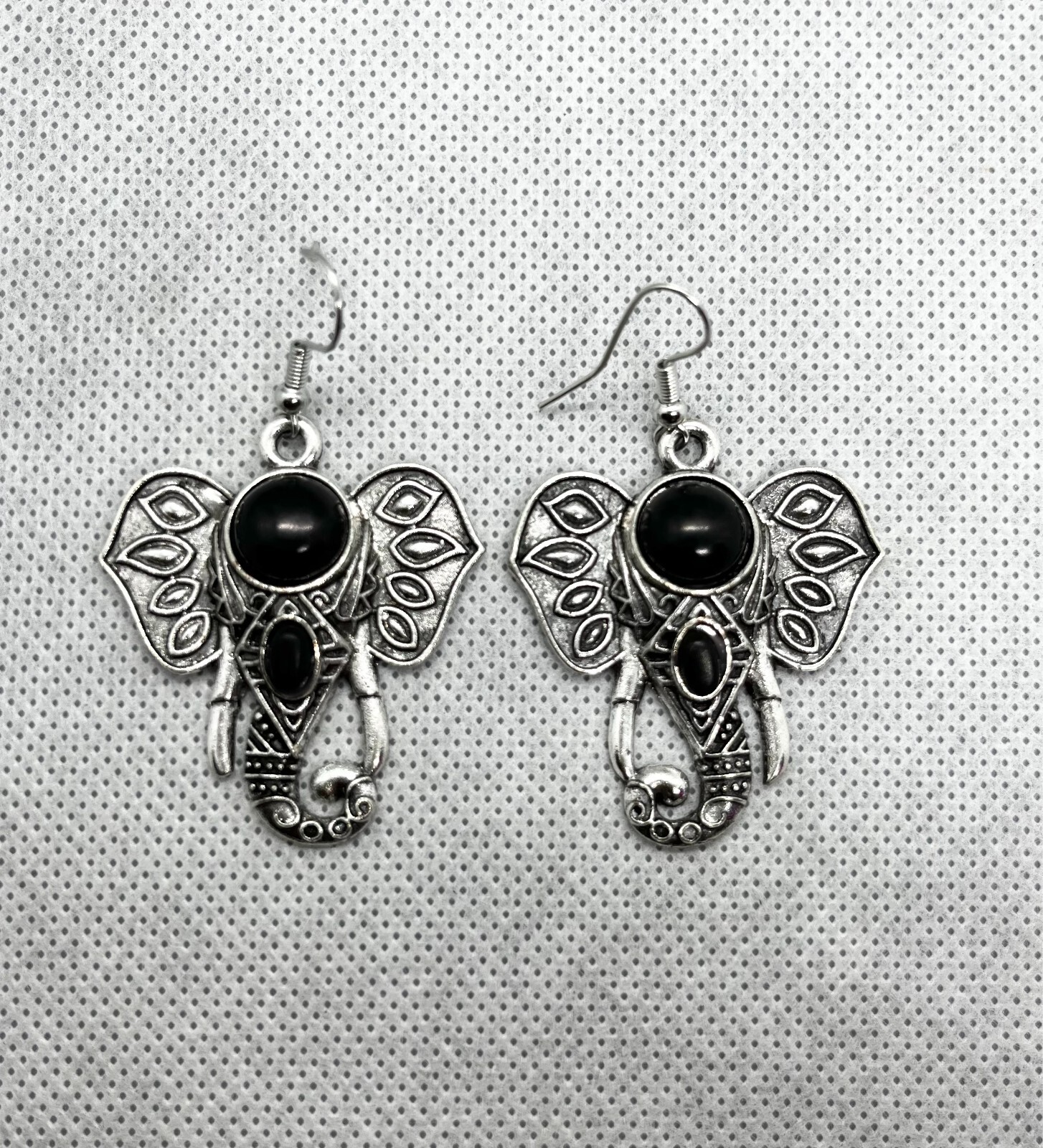 Tribal Boho Silver Dangle Elephant Semi Precious Stone Earrings