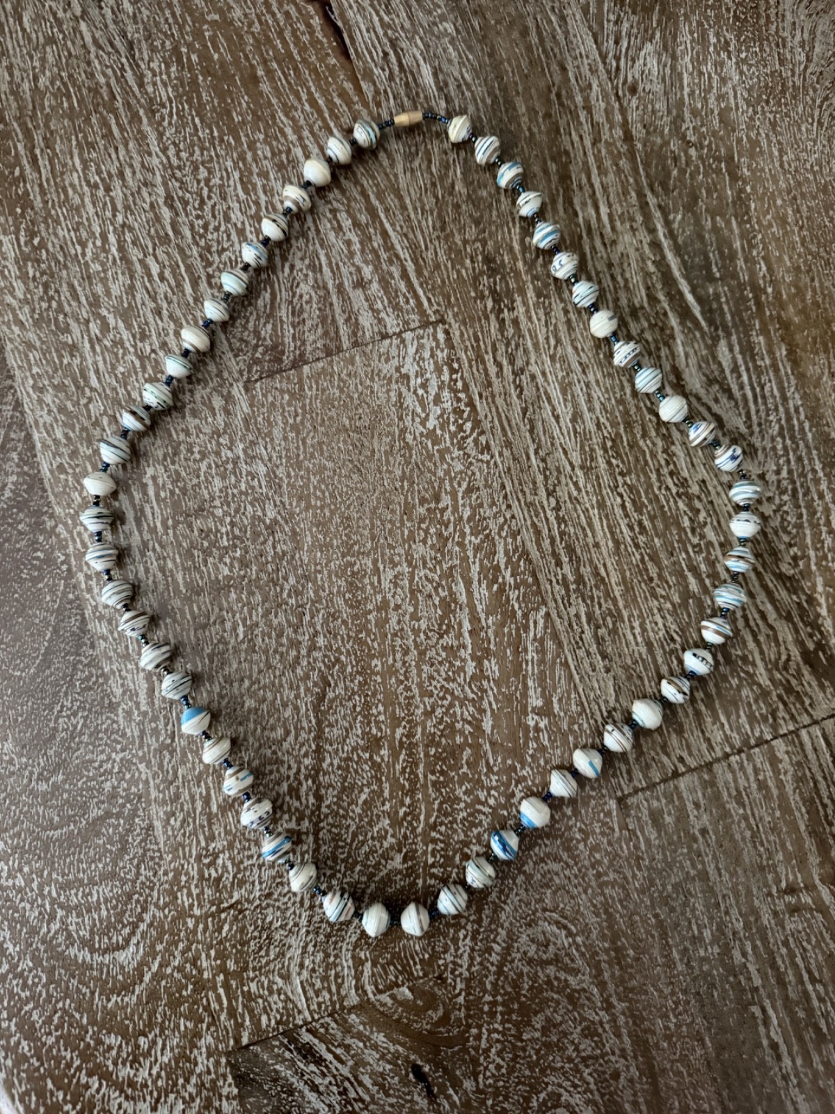 Rolled Paper Bead Long Necklace Multicolor Boho Teal Cream 30 Inch Recycled