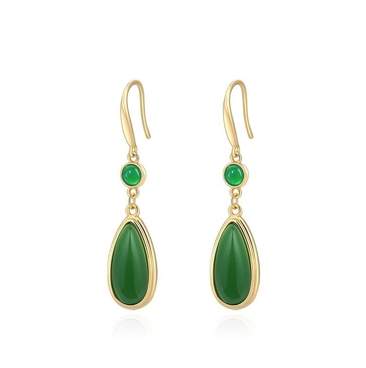 Green Jade Drop Dangle Earrings Minimalist Gemstone Hook 18K Gold Plated