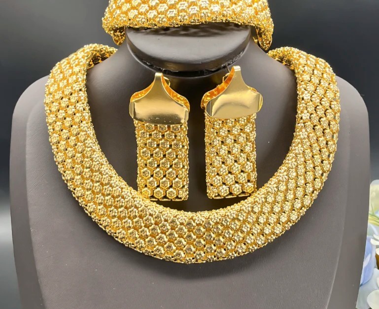 18K Gold Plated Dubai Italy African Wedding Chunky Necklace Earrings Bracelet 3p