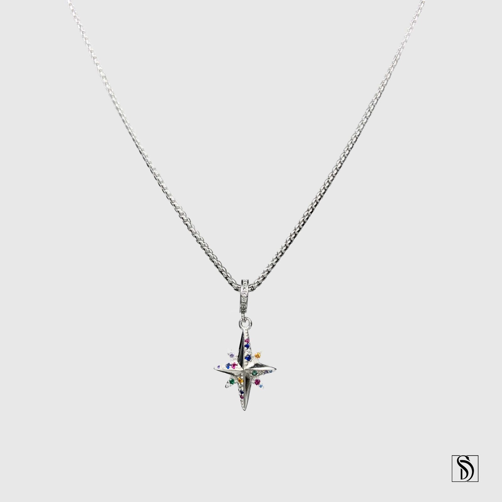 Rainbow Gemstone North Star Pendant Necklace Premium Sterling Silver Charm Gift