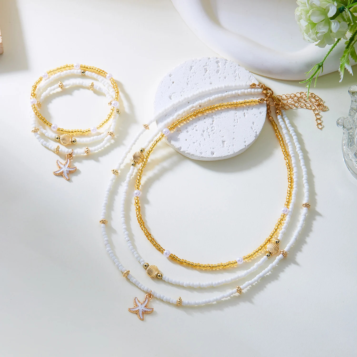Boho Multilayer Starfish Shell Rice Beads Jewelry Set for Women Vintage Imitatio