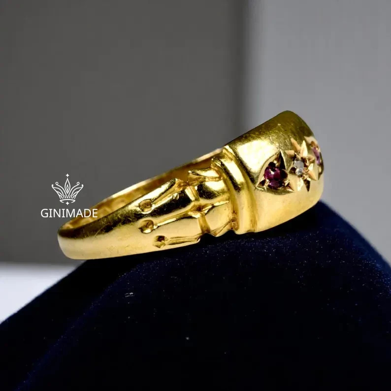 Victorian Starburst Pinky Ring CZ Diamond Ruby Gold Tone