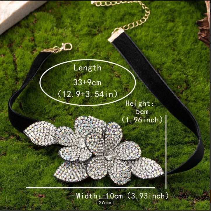 Stunning & Elegant Fabric and Rhinestone Flowers – Statement Choker Necklace