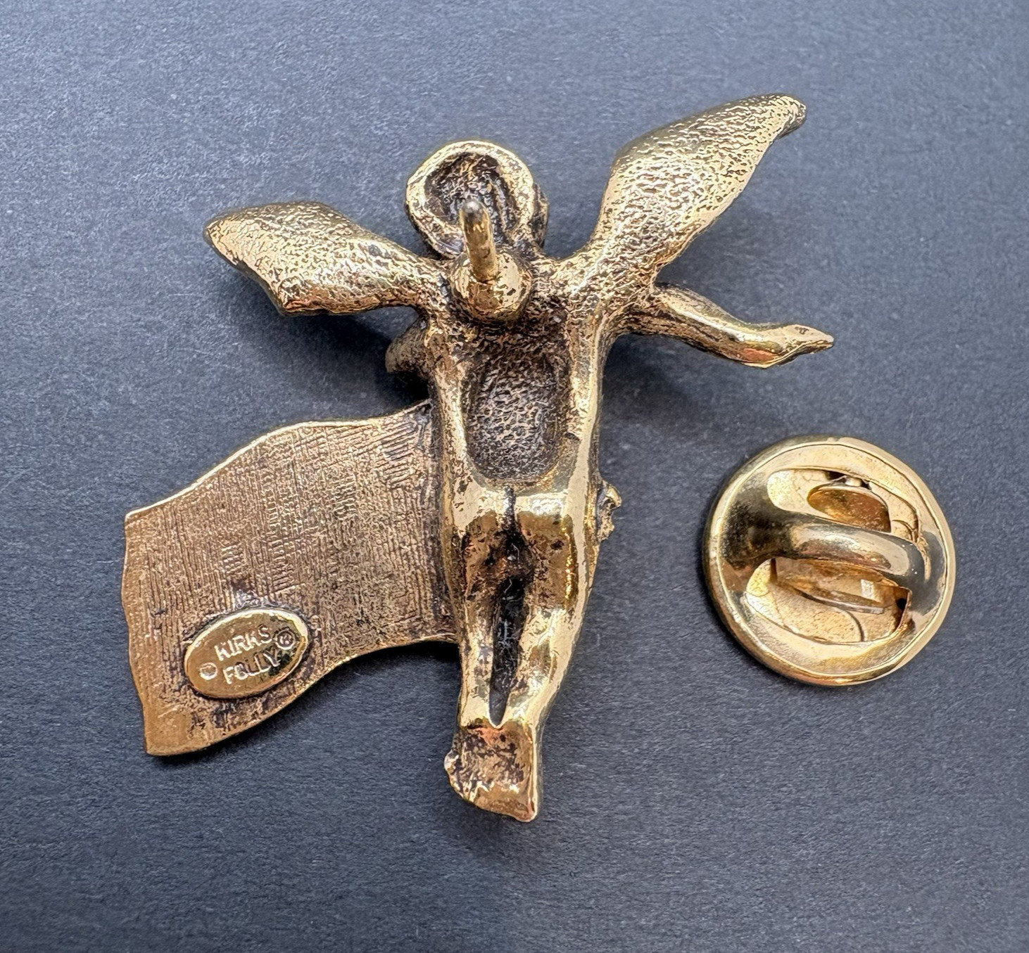 Vintage Kirks Folly American Flag USA Cherub Angel Pin Brooch Gold Tone