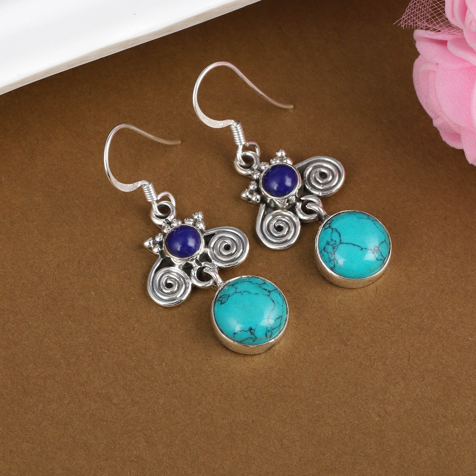 925 Sterling Silver Handmade Silver Earrings Natural Turquoise Stone Earrings