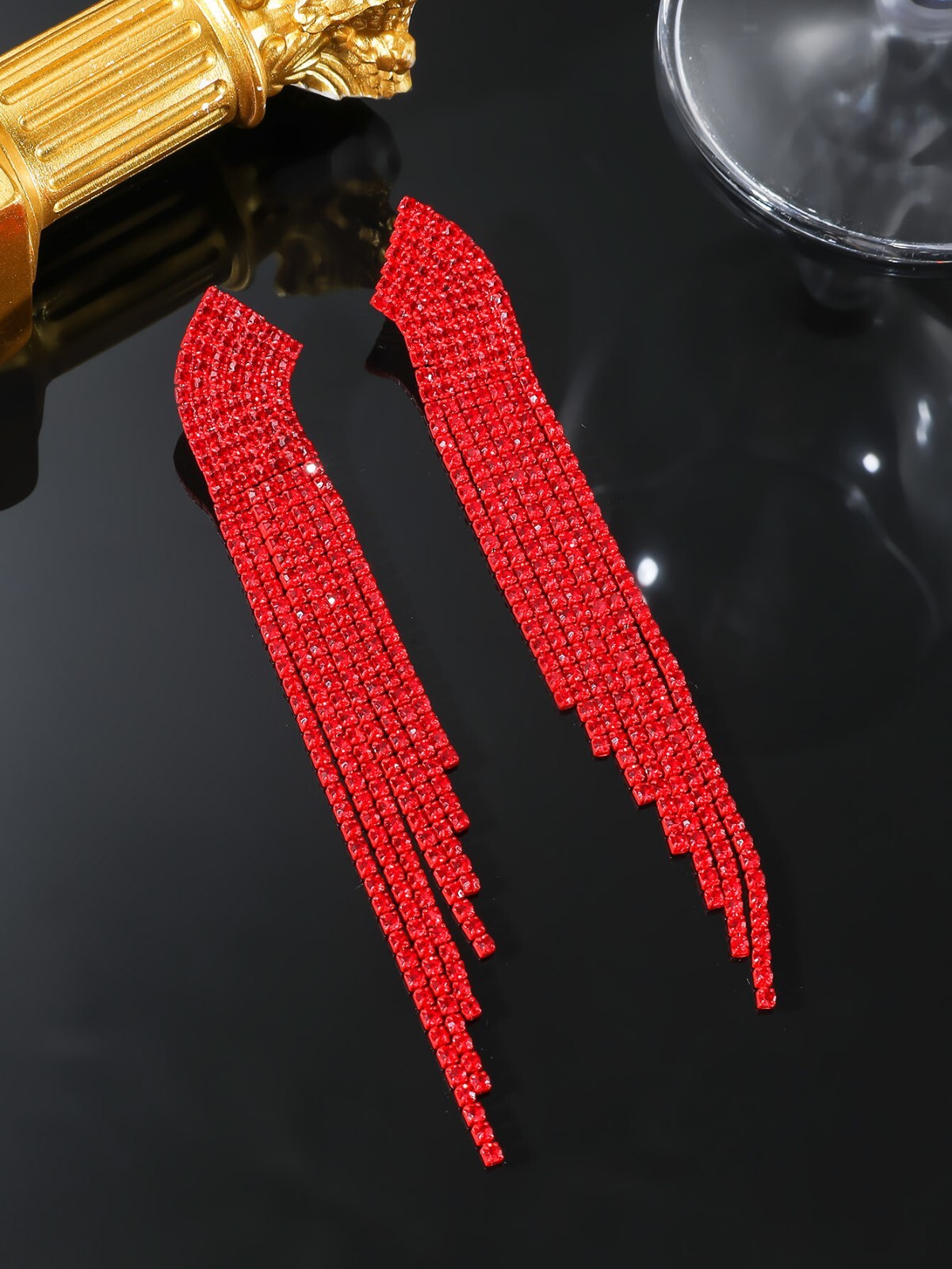 Long Red Dangle Drop Rhinestone Earrings Prom Wedding Pageant Holiday Party