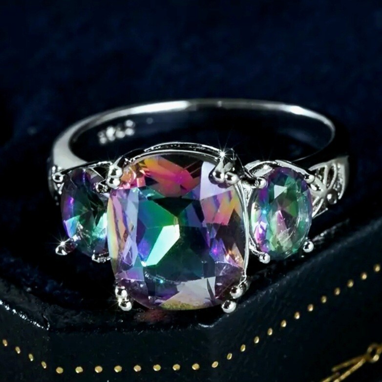 925 Sterling Silver Rainbow Mystical Fire Topaz Wedding Engagement Ring Size 9