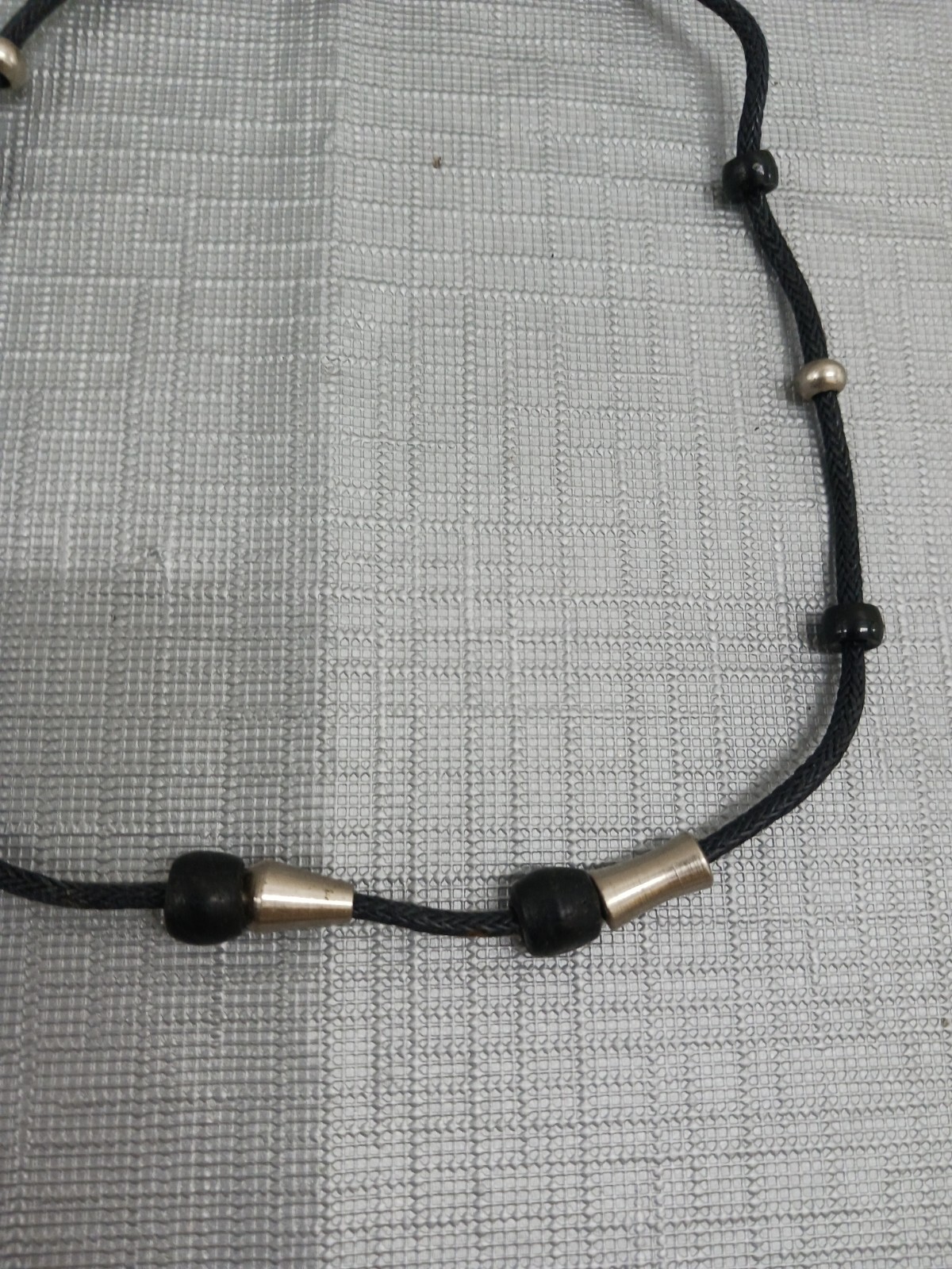 Necklace With Black Leather Cord Black & Silver Beades
