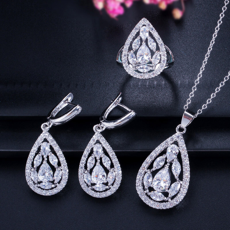 Dangle Drop Pendant Necklace Huggie Earrings Ring Silver Plated CZ Jewelry Set