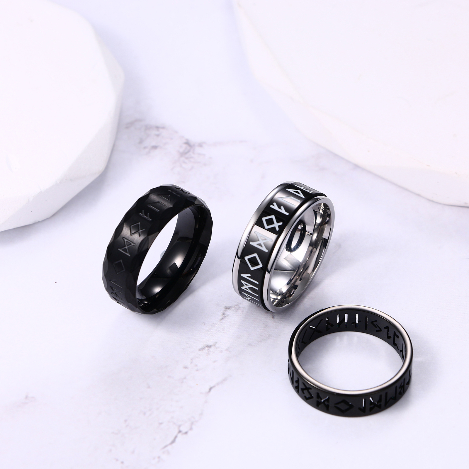 3PCS Mens Norse Viking Runes Stainless Steel Ring 8MM Spinner Anxiety Band #6-12