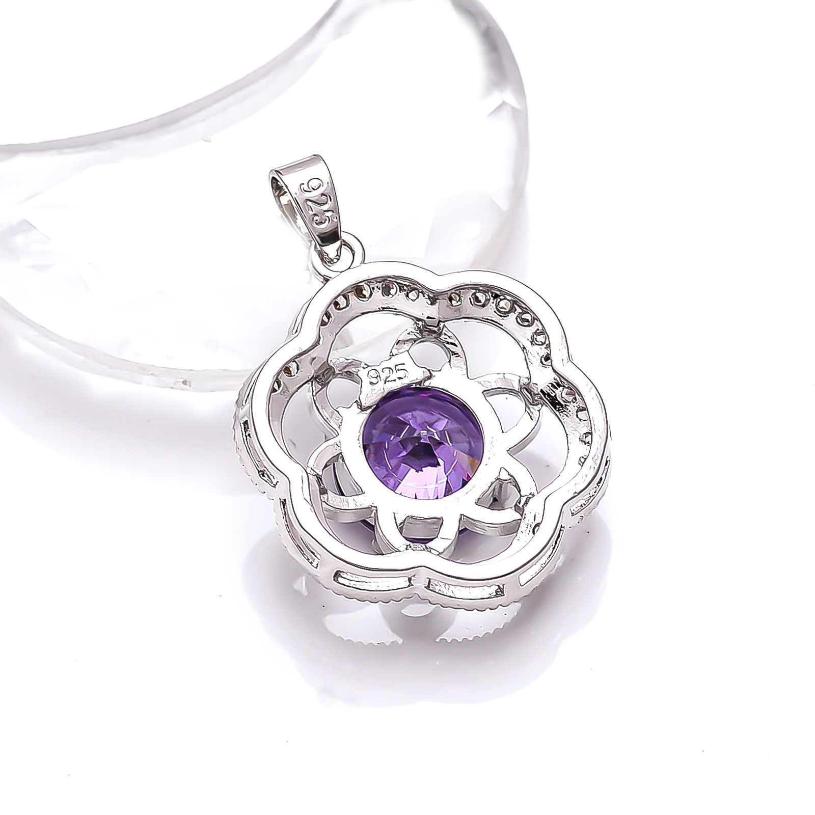 Purple Amethyst & CZ Gemstone 925 Sterling Silver Flower Pendant 1.20″ P78812