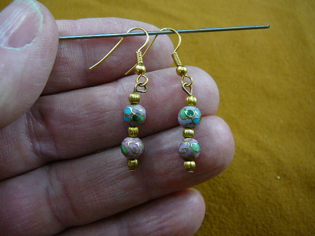 (ee610-51) Mauve pink blue flower CLOISONNE two bead dangle EARRINGS Jewelry