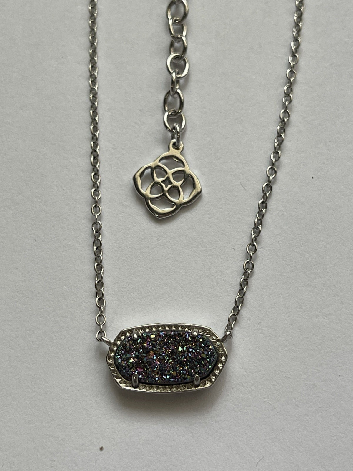 Kendra Scott Elisa SILVER Sparkling PLATINUM Drusy Quartz Necklace Dust Bag