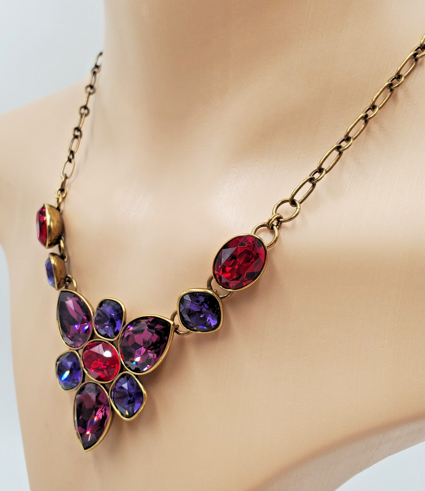 Swarovski Crystal Necklace 18in Brass Tone Red Blue Purple Crystallized TC NEW