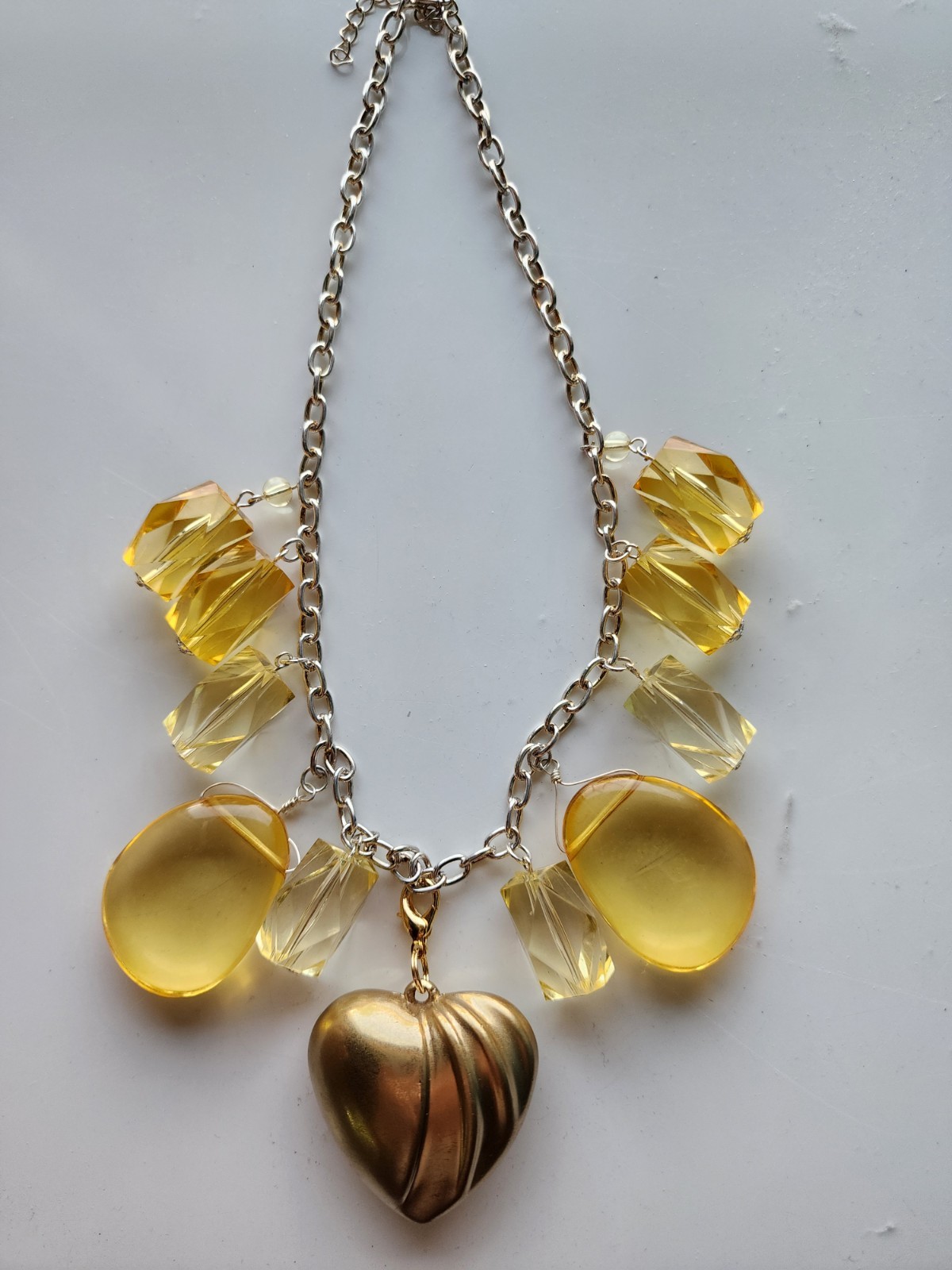 Gold Heart Pendant Statement Necklace Designed With Yellow Vintage French Lucite