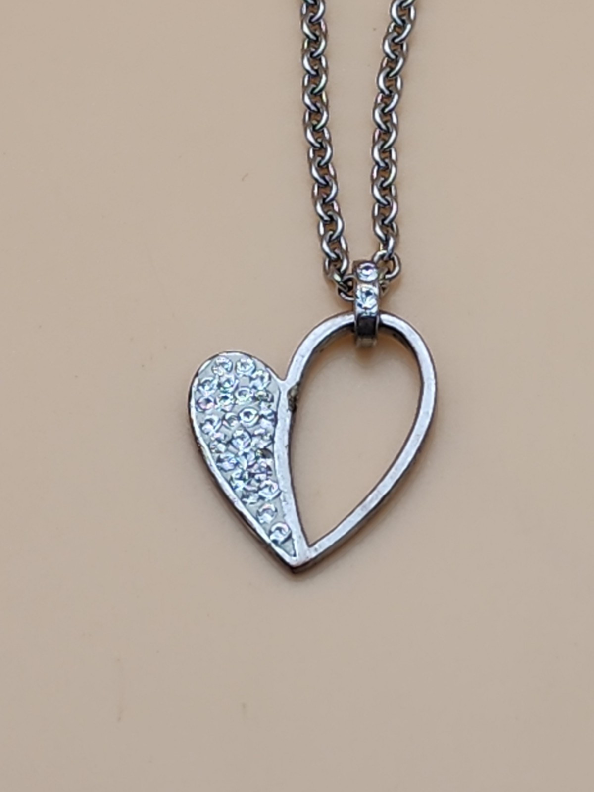 Designer ATI BR Thailand Signed Heart Necklace Crystal Encrusted Silver Tone
