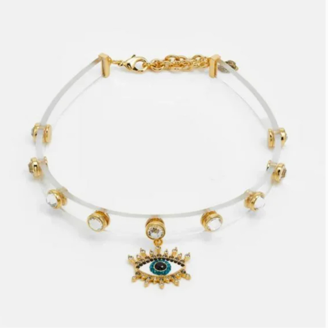 NWT Kurt Geiger London Clear Jelly Crystal Pavé Evil Eye Choker Necklace 15”