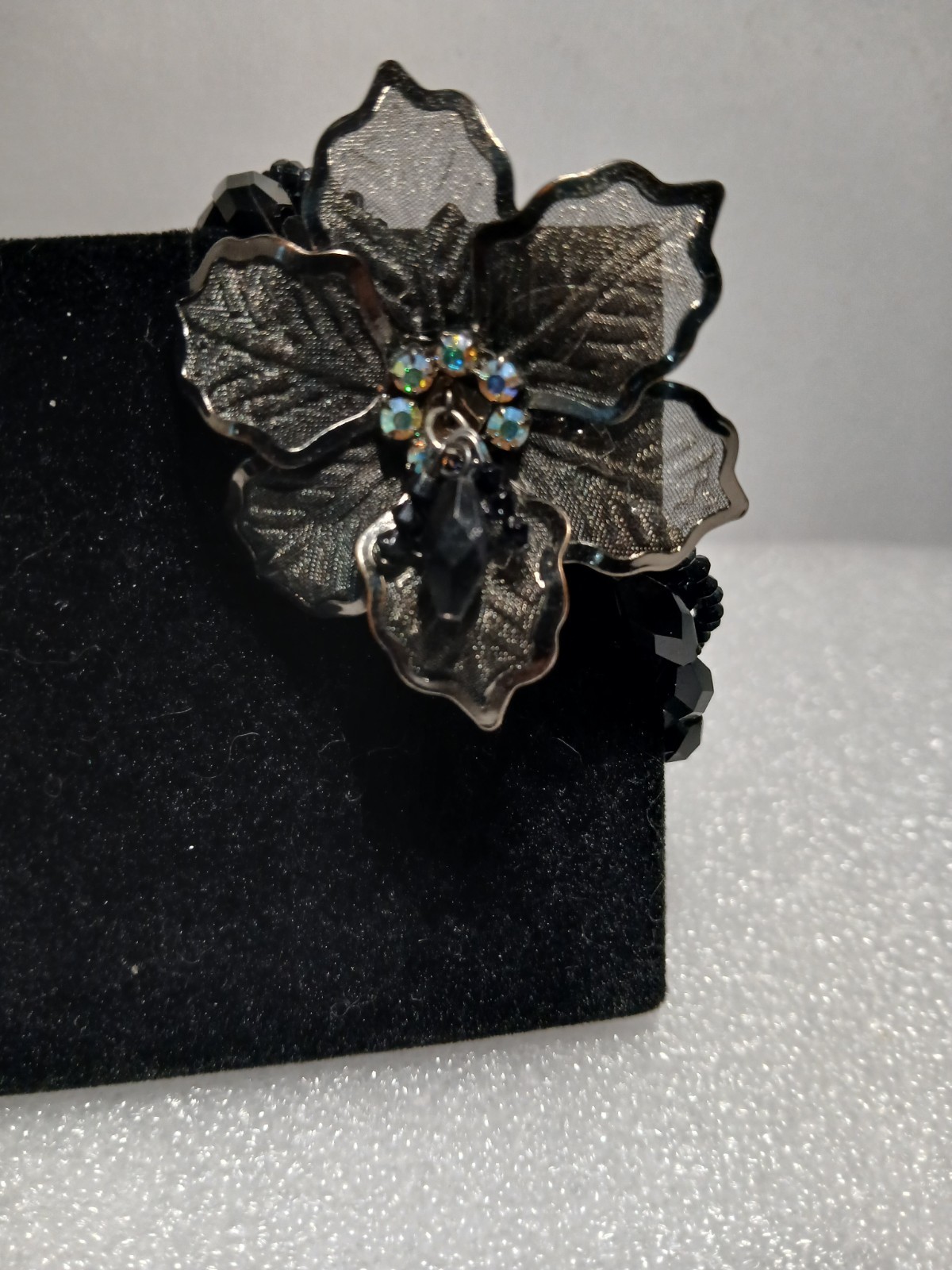 Black Beaded Three Strand Bracelet Mesh Flower Heart Charm Julie Boho Statement