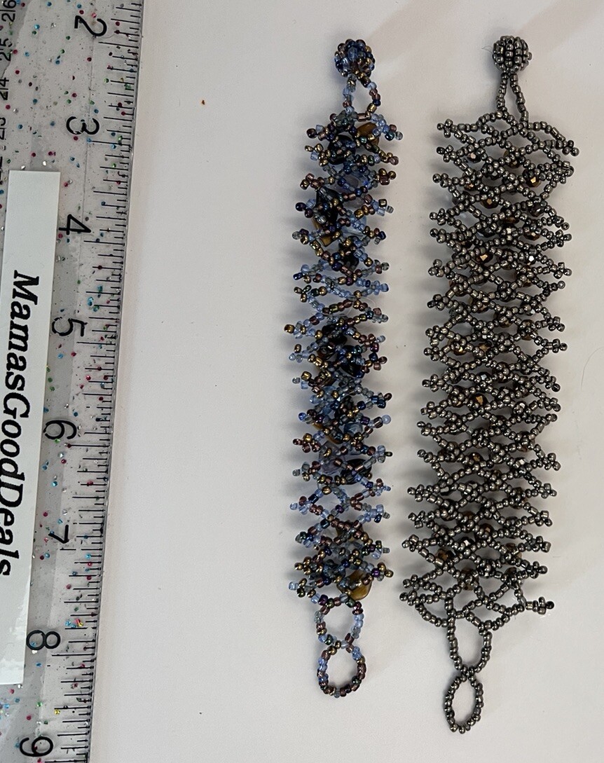 Lot of 2 Artisan Made Beaded Bracelets Black Blue Brown Silver Colors
