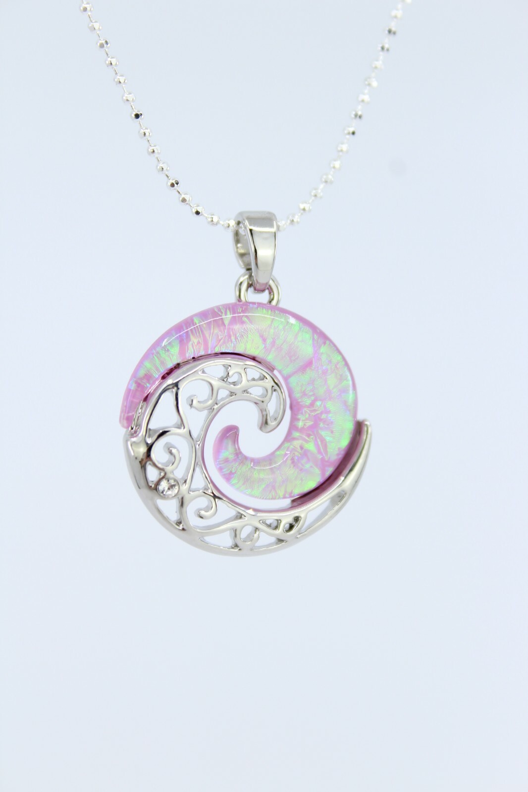 Hawaiian Wave Sparkly Pink Pendant – 18″ Ball Chain Necklace, Circle of Life
