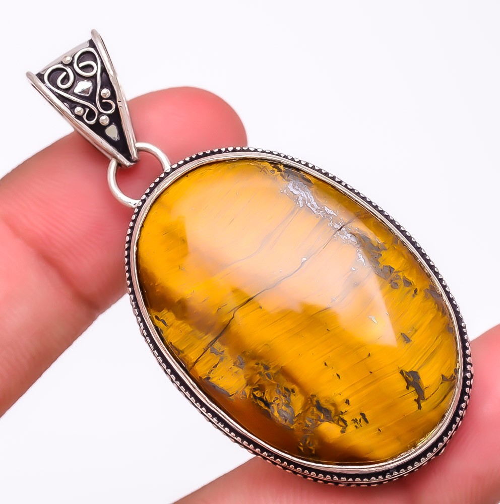 Natural Tiger’S Eye Gemstone 925 Silver Plated Jewelry Pendant 2.2″ W3157