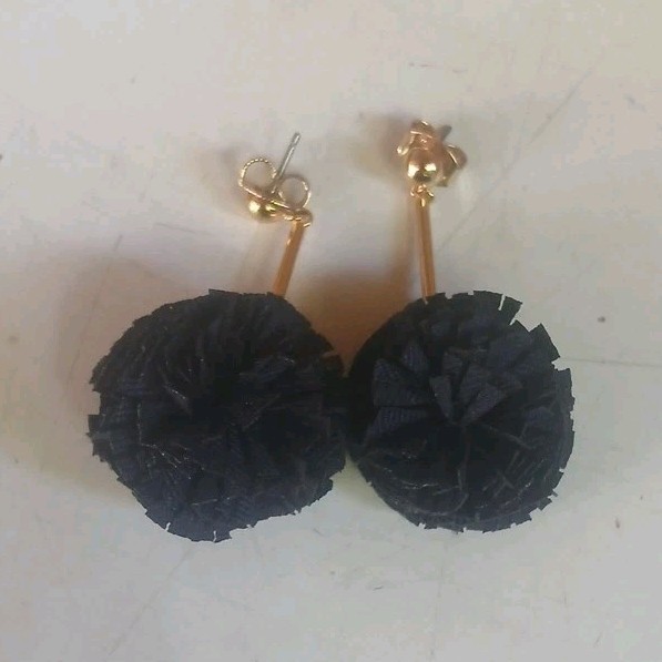J Crew Black Pom Pom Earrings Gold Tone Butterfly Back
