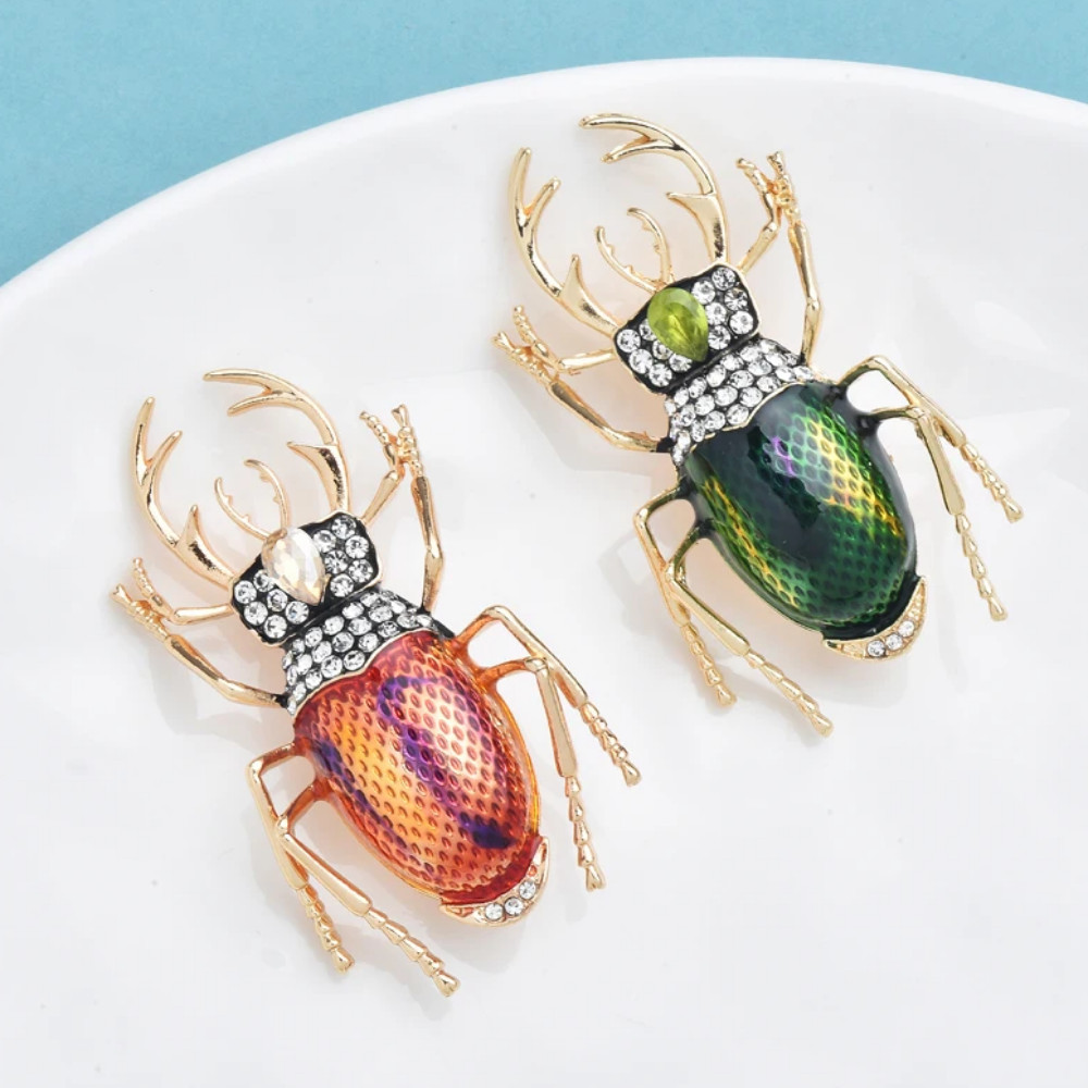 Beetle Brooch Pin – Gold Green Rhinestone Bug Insect Beach Summer Jewelry Gift