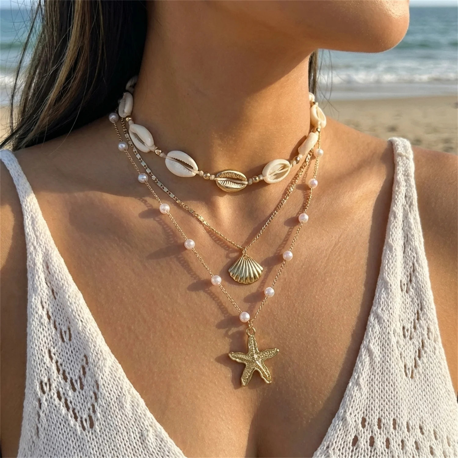 Boho Multilayer Starfish Shell Conch Pendant Necklace For Women Trendy Summer Be