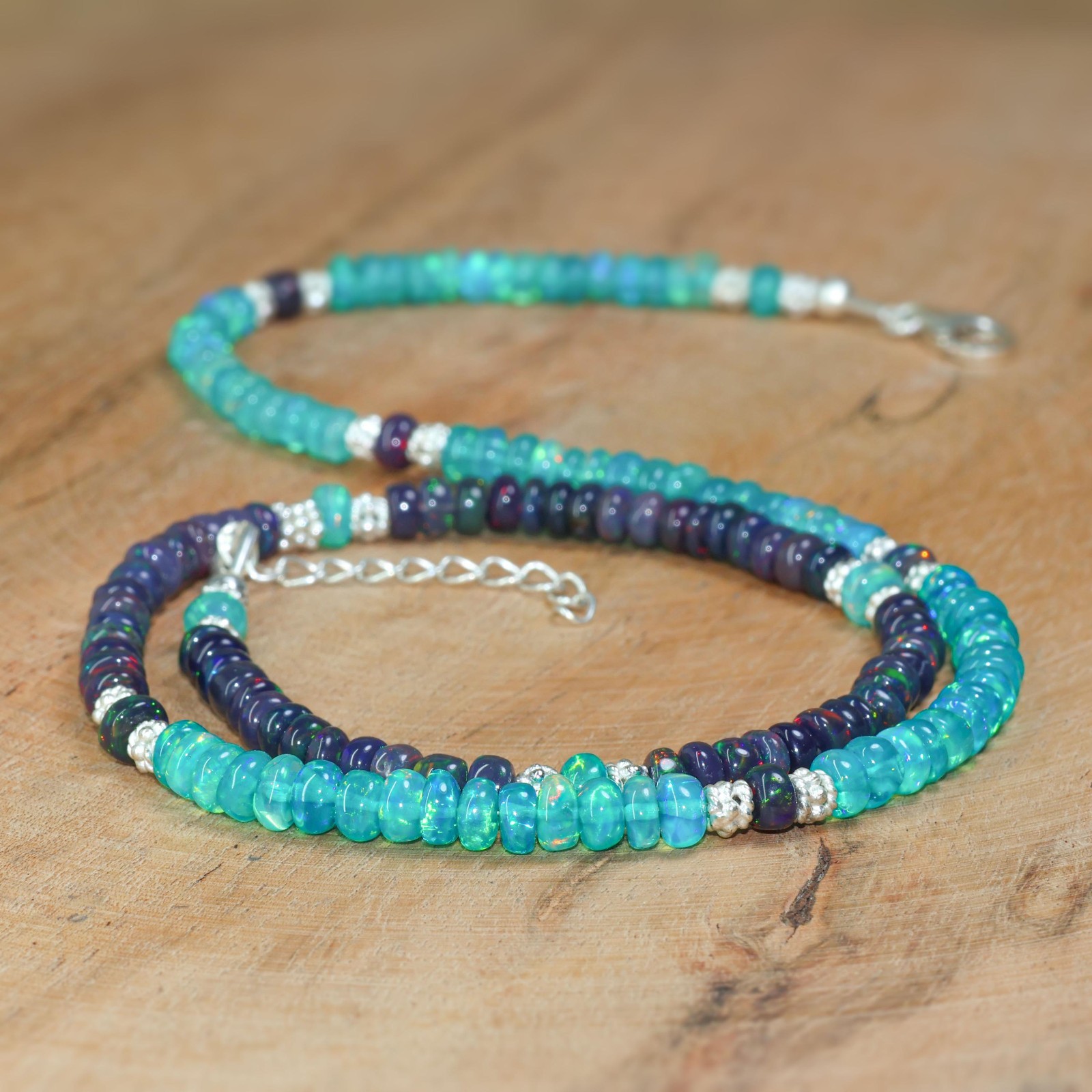 Green and Black Fire Opal Gemstone Beaded Necklace, Ethiopian Opal Gemstone