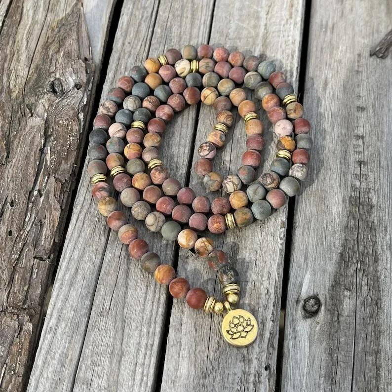 108 Mala Natural Picasso Jasper Healing Meditation Prayer Bracelet Necklace Gift