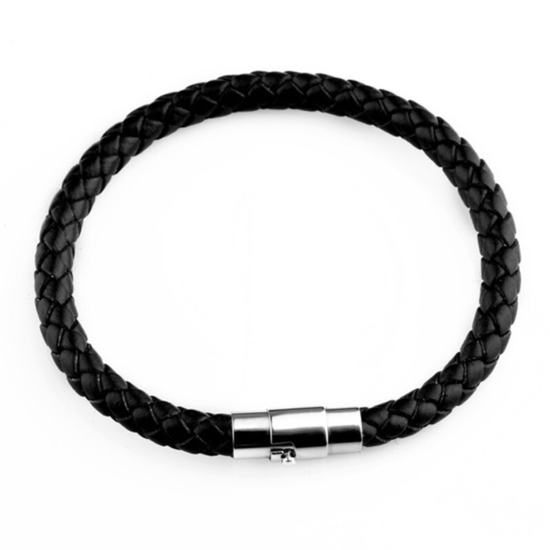 Unisex Men Women Leather Bracelet Steel Magnetic Clasp Braided Wristband Rope