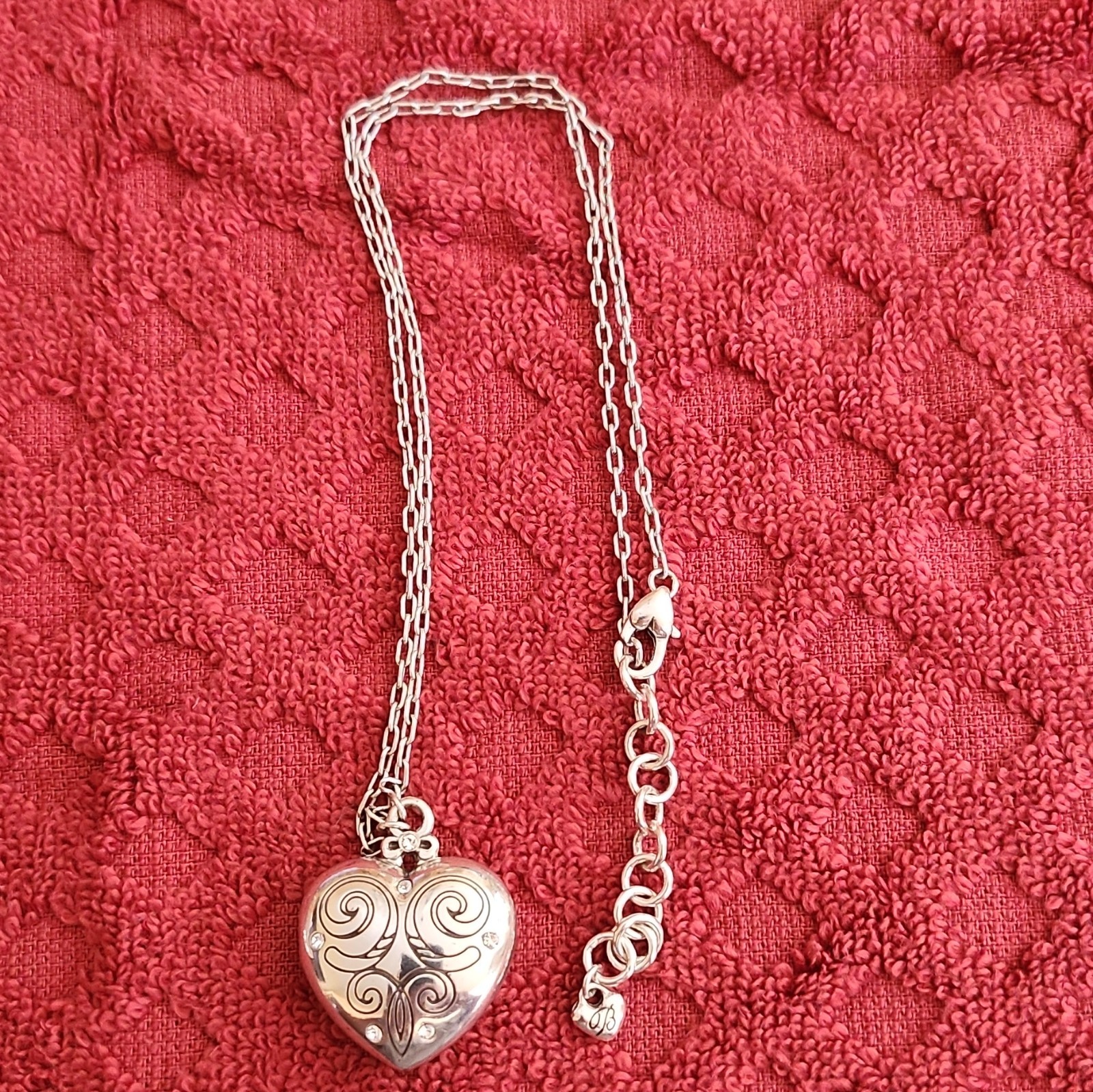 Brighton Silver Plated Heart Locket Pendant Necklace White Crystal Signed