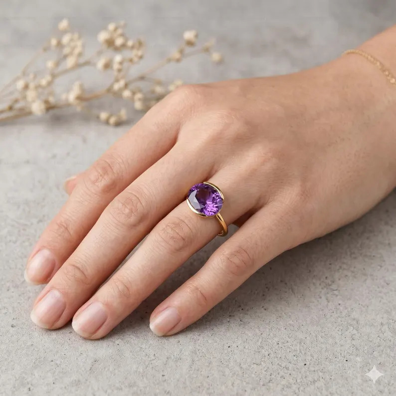 Amethyst Ring, Gold Alloy, Birthday Gift for Her, Women Jewelry Ring