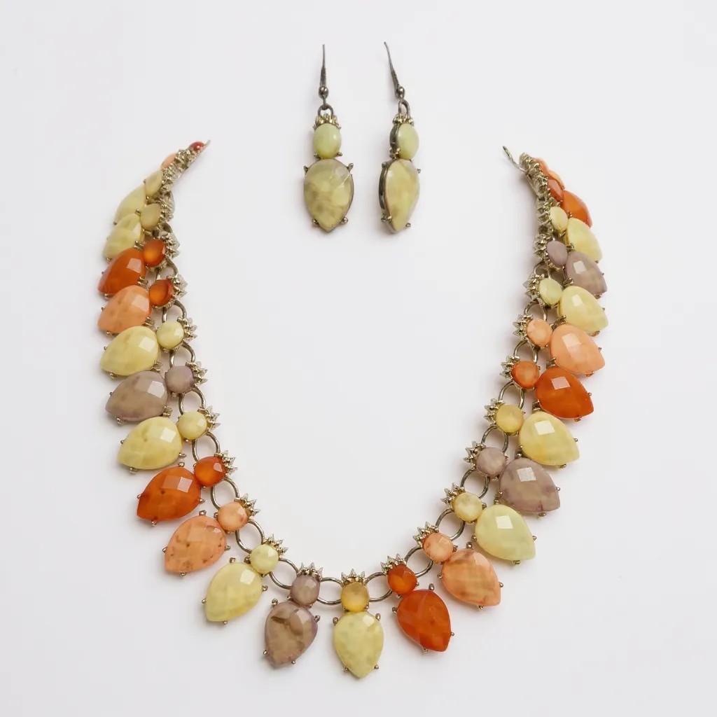 Multi Orange yellow foiled lucite Stud statement Gold Necklace Earring Set