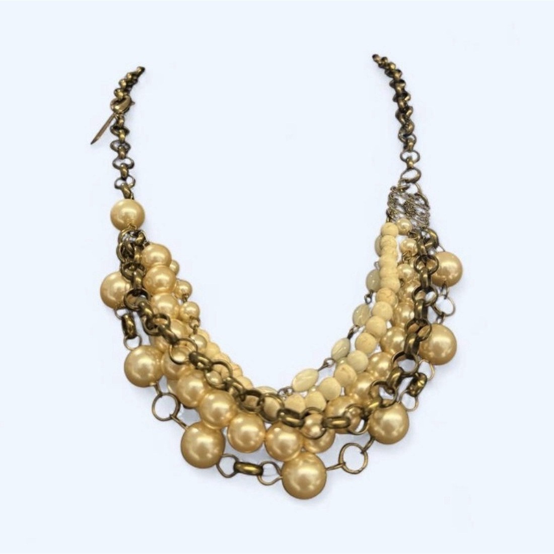 Gold Tone Layered Cable Chain Necklace w/ Cream Pearls & Rhinestones